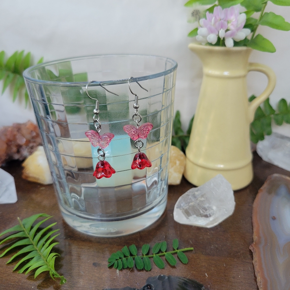Red Butterfly & Bloom Earrings - Stainless Steel